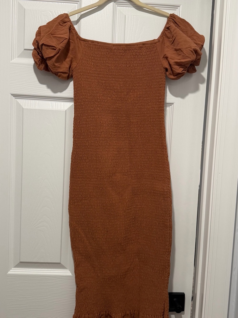 Baltic Born. Rust Puff-Sleeve Smocked Midi Dress - Women